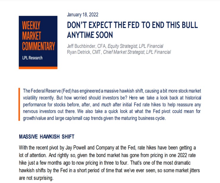 Don’t Expect the Fed to End This Bull Anytime Soon | Weekly Market Commentary | January 18, 2022